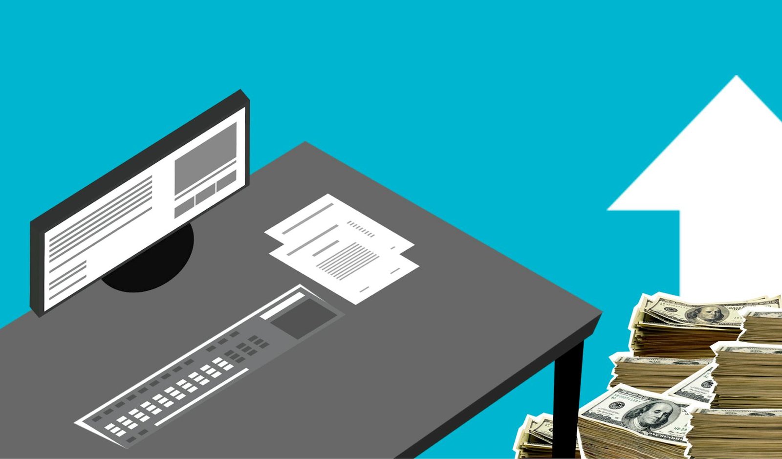 Ilustrasi peluang bisnis online tanpa modal, menampilkan laptop, smartphone, dan grafis pertumbuhan pendapatan.